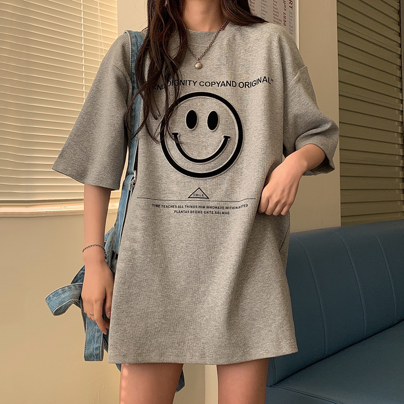 Spring and autumn Korean new loose medium and long lovers' letter printing lower garment missing short sleeve t-shirt female