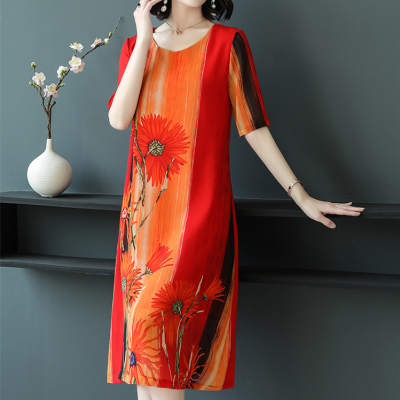 Mother's summer dress new middle-aged broad wife loose short sleeve over the knee western style old woman ice silk skirt