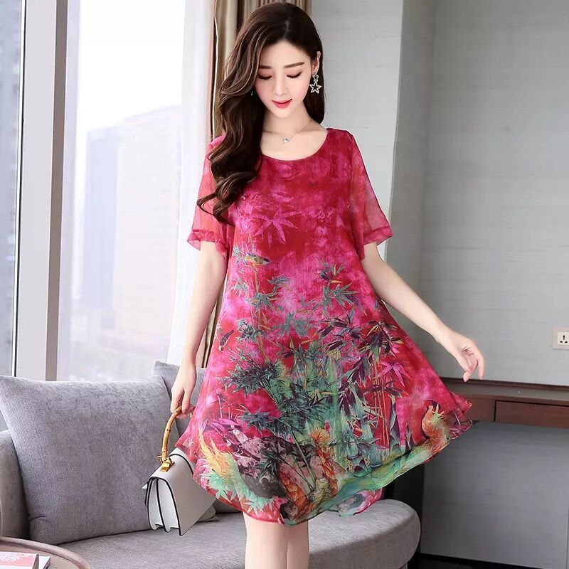 Summer new large middle-aged women's fat silk chiffon dress short sleeve medium length add fat add spring tide