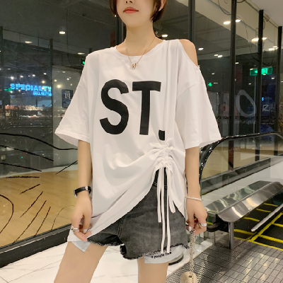 官圖棉網紅中長款寬鬆短袖恤女超火港風抽繩露肩上衣