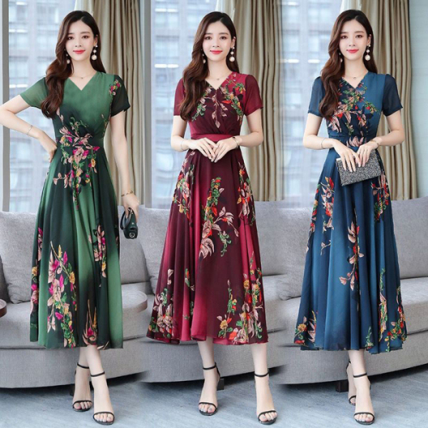 Ice silk printed swing dress 2021 spring and summer new fashion Korean women's knee length skirt