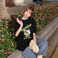 Summer new cartoon print loose medium length short sleeve T-shirt women's versatile bottom shirt