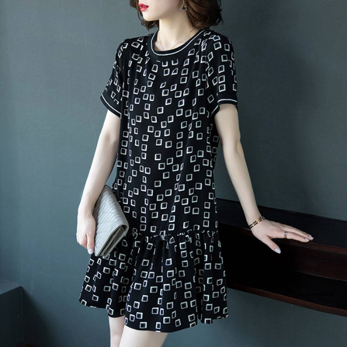 Spring and autumn medium length large women's Short Sleeve Plaid print dress summer slim figure skirt shirt
