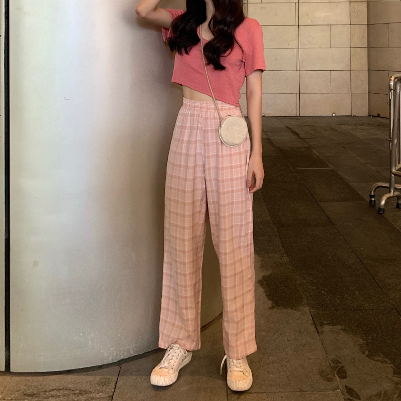 2021 new wide leg pants women's high waist show thin drooping feeling pink pants retro Plaid Casual Pants Capris fashion