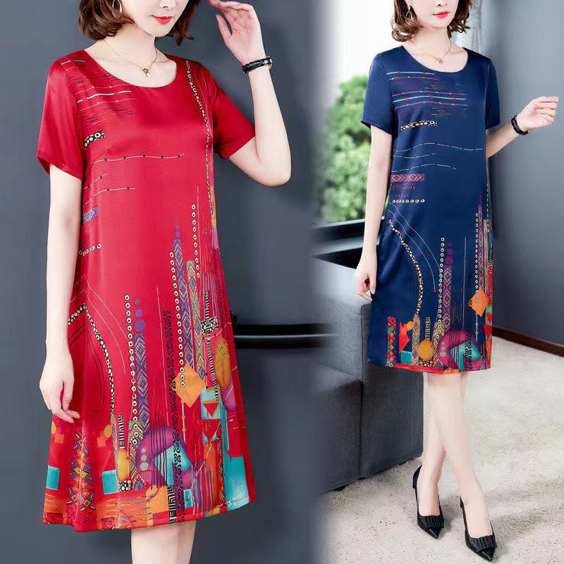 Beautiful fat mother's loose size summer new heavy weight ice silk cool dress lady's fashion