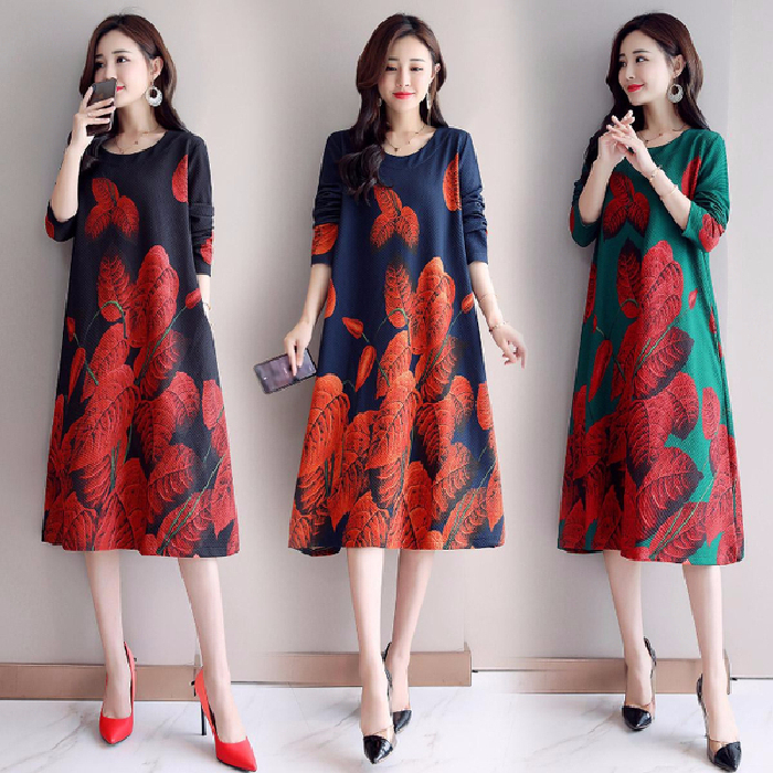 Autumn new print dress long sleeve Korean large women's skirt loose and slim