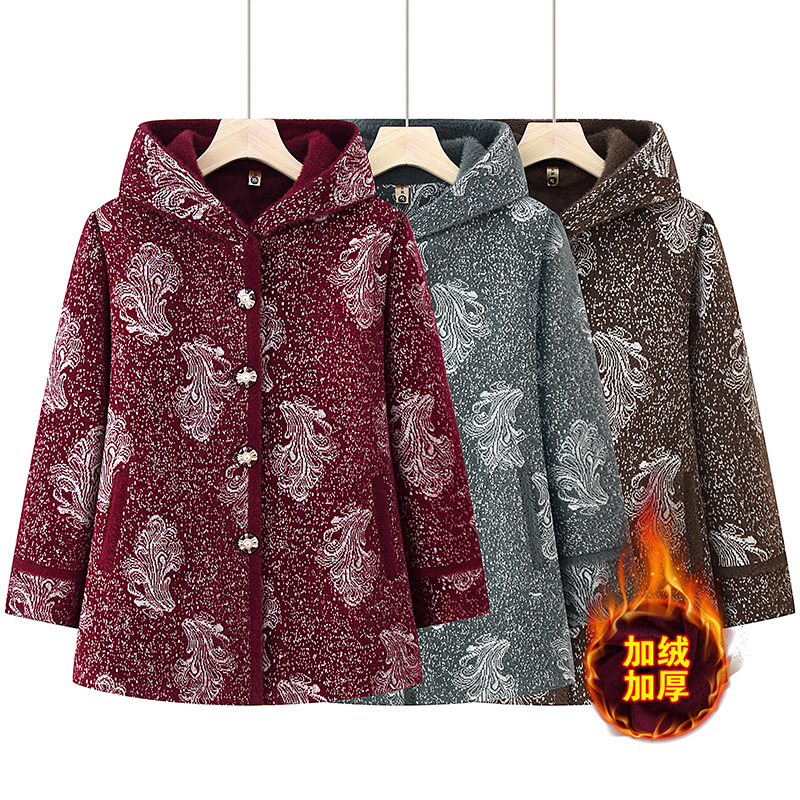 妈妈冬装仿貂绒大衣奶奶中长款连帽时尚棉衣中老年人加绒加厚外套
