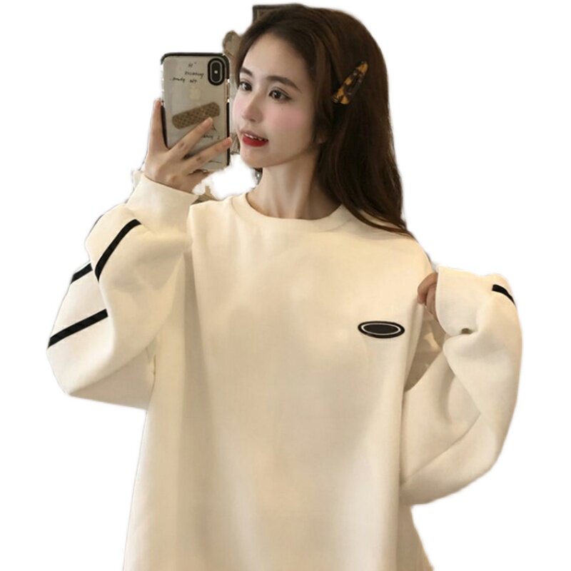 WHITE MID-LENGTH BUTTOCKS SWEATSHIRT WOMENS 2024 NEW POPULAR LOOSE ROUND NECK SPRING AUTUMN AND WINTER FLEECE THICKENED JACKET