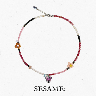 「新年礼物」蝴蝶吊坠多巴胺彩色陶瓷粉玛瑙手工串珠项链可爱女