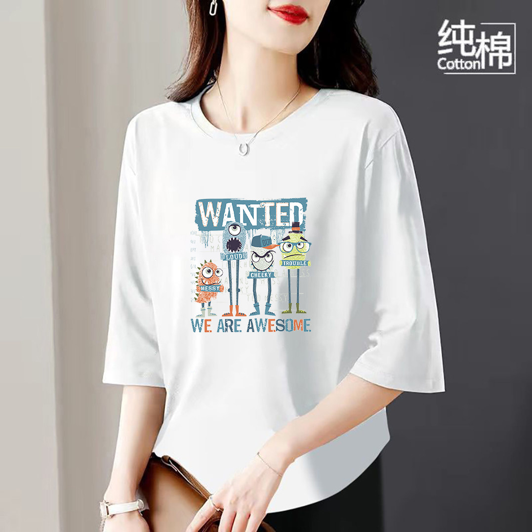 100%纯棉秋宽松大码七分袖T恤下摆弧形圆领内搭打底新款印花上衣,女装/女士精品,T恤,淘宝优惠券,粉丝福利购,淘宝优惠卷
