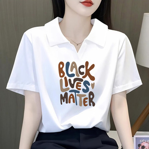 100%纯棉短袖翻领T恤女士宽松显瘦休闲减龄百搭夏季新款V领POLO衫