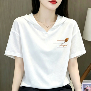 纯棉~连帽短袖T恤宽松大码百搭印花设计感简约时尚夏体恤上衣