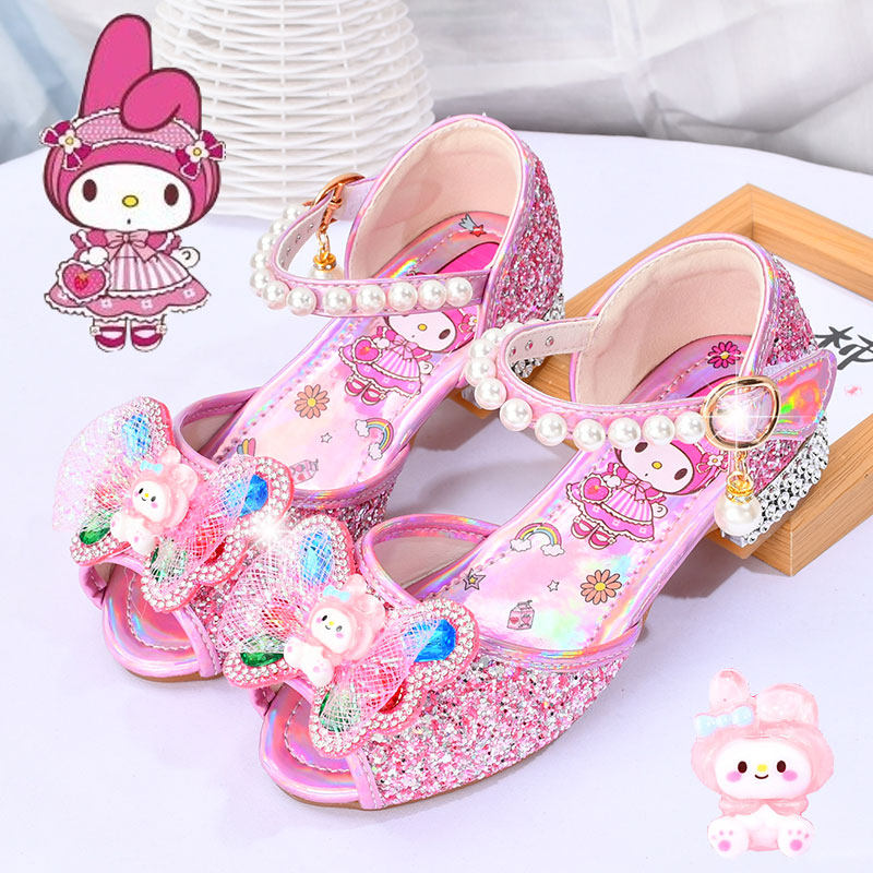 美乐蒂粉色高跟鞋儿童凉鞋夏季中小女童鱼嘴鞋三丽欧洋气水晶鞋子