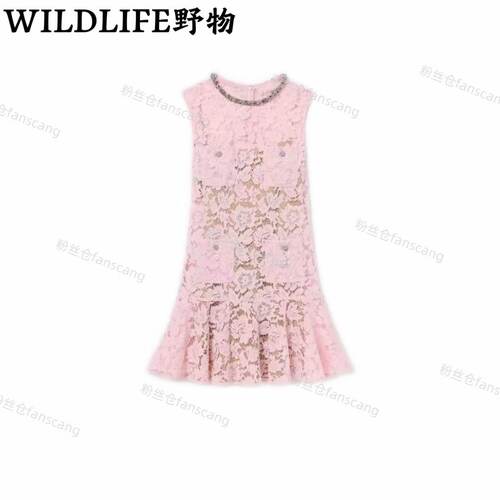 WILDLIFE｜粉红色彩钻圆领无袖蕾丝连衣裙C-001M7357