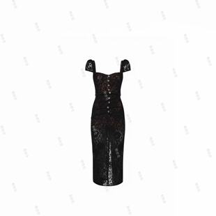 一字肩裙C 26春夏黑色蕾丝钩花短袖 001M7097 SP同工厂