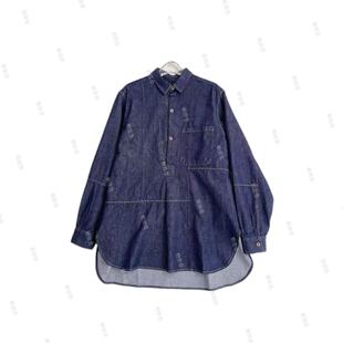 001M7091 日系小众 100%棉多处拼接翻领宽松牛仔衬衫