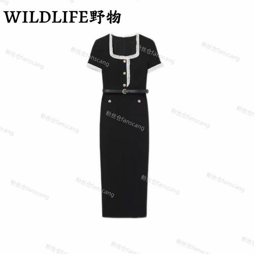 WILDLIFE｜经典黑短袖方领蕾丝饰边连衣裙C-001M7503
