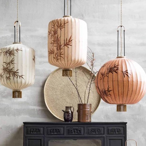 新中式餐厅布艺灯笼手绘吊灯