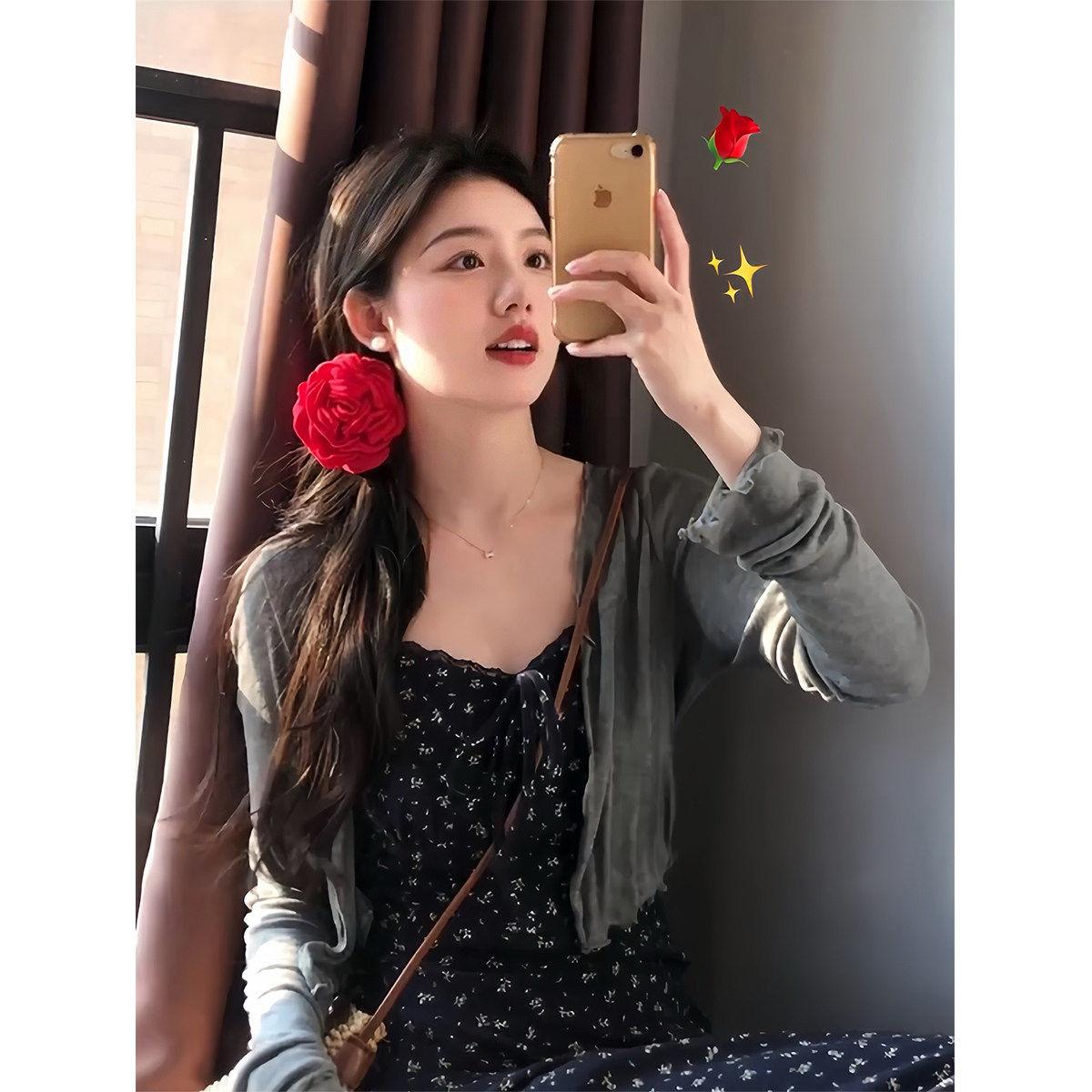 法式藏青色碎花吊带洋装