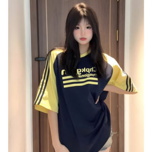 美式三条杠短袖t恤女大童夏季2026新款初中高中学生宽松纯棉上衣