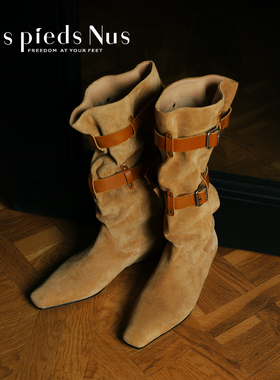 Les Pieds Nus 2025新款时尚牛反绒长筒靴女复古内增高西部骑士靴