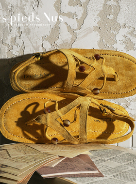 Les Pieds Nus 原创设计 手工串珠牛反绒 文艺复古夹趾凉鞋女平底
