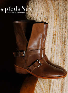 Les Pieds Nus 原创设计 纯手工水洗胎牛皮 复古西部短靴女骑士靴