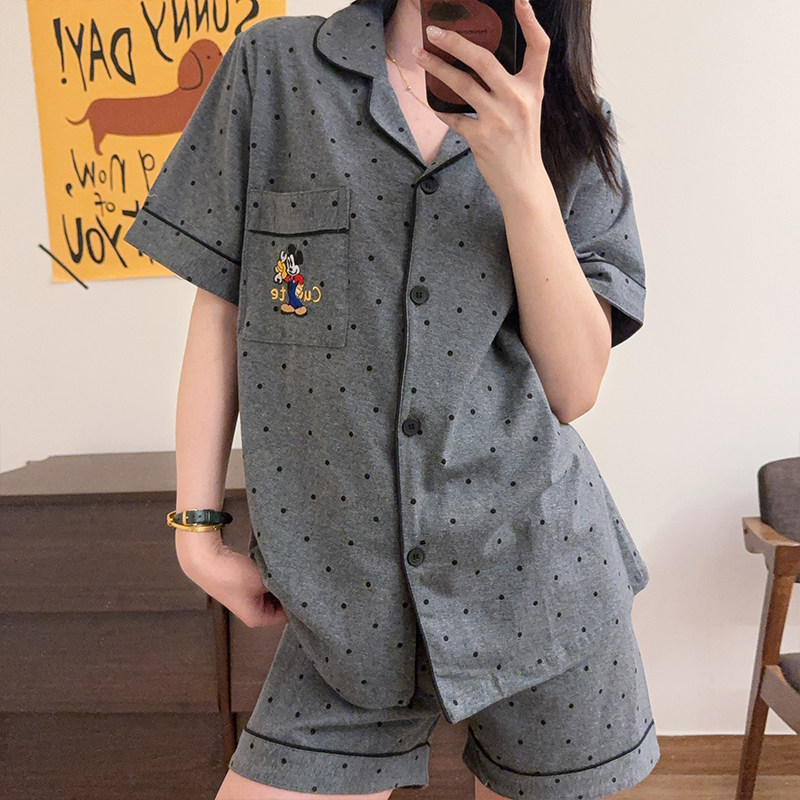 日系卡通米奇睡衣女夏季短袖短裤纯棉开衫慵懒ins情侣家居服套装