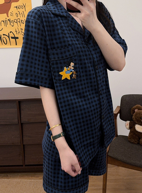 日系卡通米奇纯棉睡衣女夏季ins开衫格纹短袖短裤家居服情侣套装