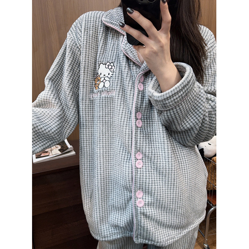 日系卡通凯蒂猫加厚加绒睡衣女秋冬季保暖法兰绒格纹长袖长裤套装