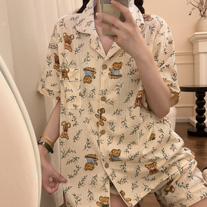 韩系卡通小熊睡衣女夏季提花棉
