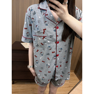 韩系卡通凯蒂猫纯棉睡衣女夏季慵懒短袖短裤薄款ins家居服套装