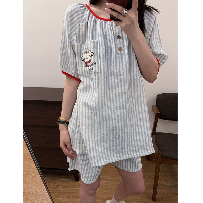 日系条纹夏季棉纱睡衣女圆领短袖短裤ins可爱小狗宽松家居服套装