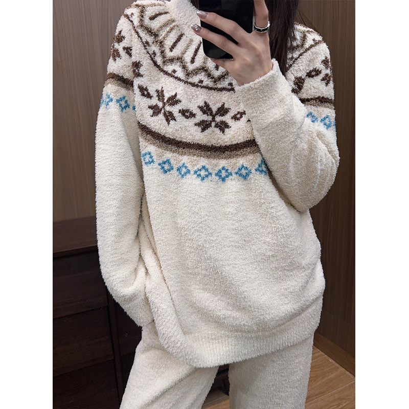 日系费尔岛半边绒睡衣女秋冬加厚保暖高级感家居服长袖长裤套装