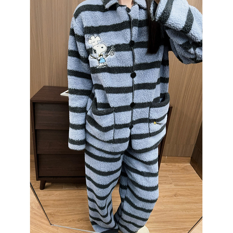 韩国卡通史努比睡衣女加厚米粒绒秋冬条纹情侣长袖长裤保暖家居服