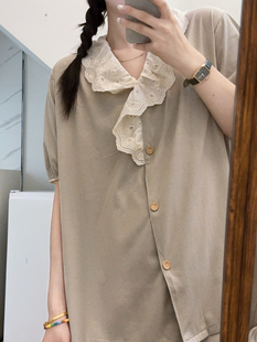 韩系花边睡衣女夏季 公主风纯棉短袖 短裤 纯色ins家居服慵懒套装