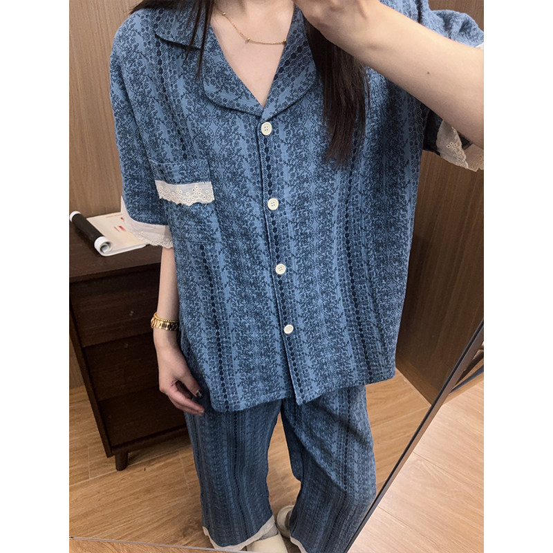 日系卡通宫廷风碎花睡衣女婴儿棉纱开衫短袖长裤夏季家居服套装