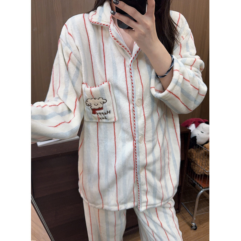 日系卡通小狗加厚加绒睡衣女秋冬季保暖法兰绒条纹长袖长裤套装