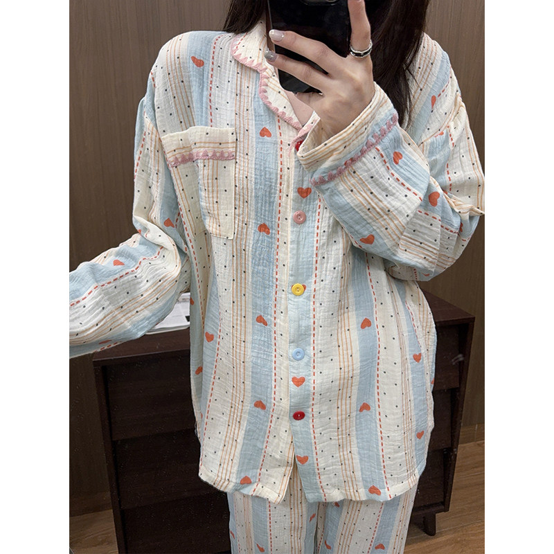 日系卡通甜美桃心睡衣女婴儿棉纱开衫长袖长裤春秋季家居服套装