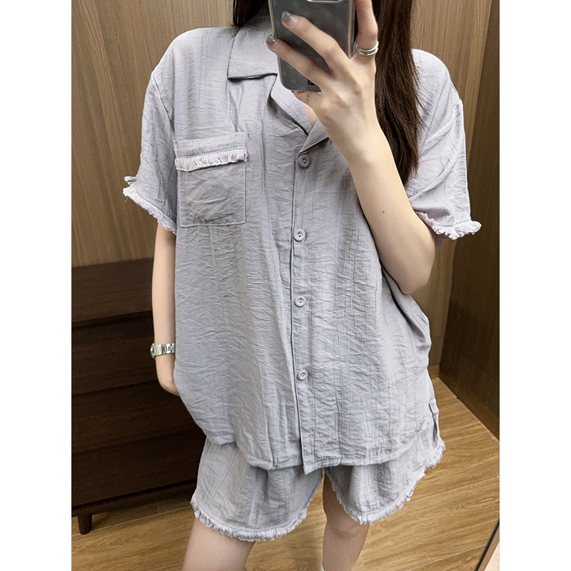 日系花边睡衣女棉麻夏季胸垫款