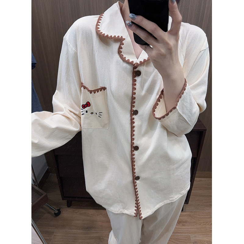 日系可爱凯蒂猫纯棉睡衣女秋冬季卡通纯色长袖长裤ins家居服套装