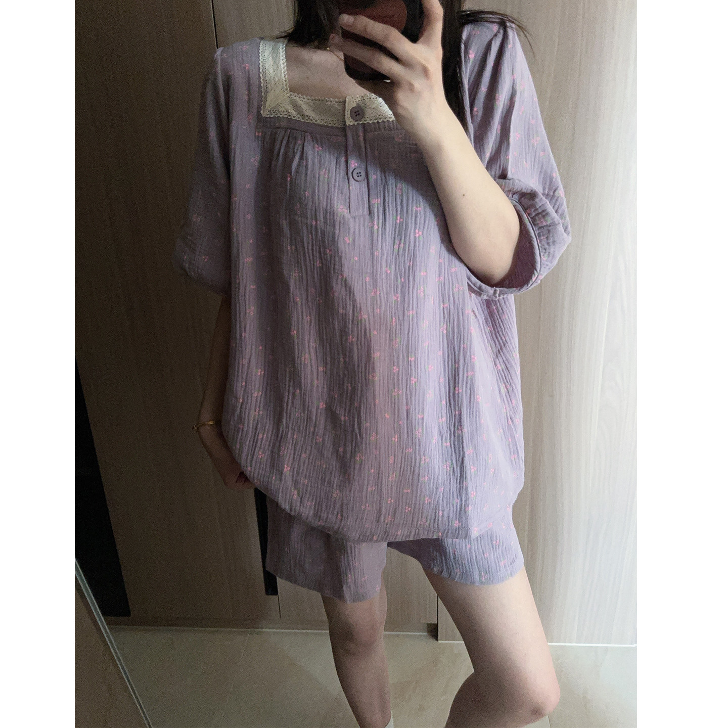 宫廷风花边睡衣女士夏季棉纱方领短袖短裤日系碎花甜美家居服套装