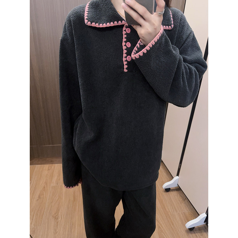 韩国撞色翻领加厚毛绒睡衣女