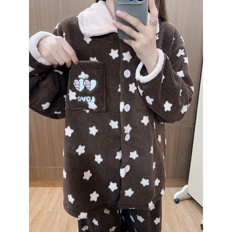 韩国卡通星星加厚毛绒睡衣女士