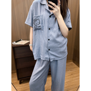 日系卡通kitty猫夏季睡衣女可外穿慵懒ins短袖长裤纯色家居服套装
