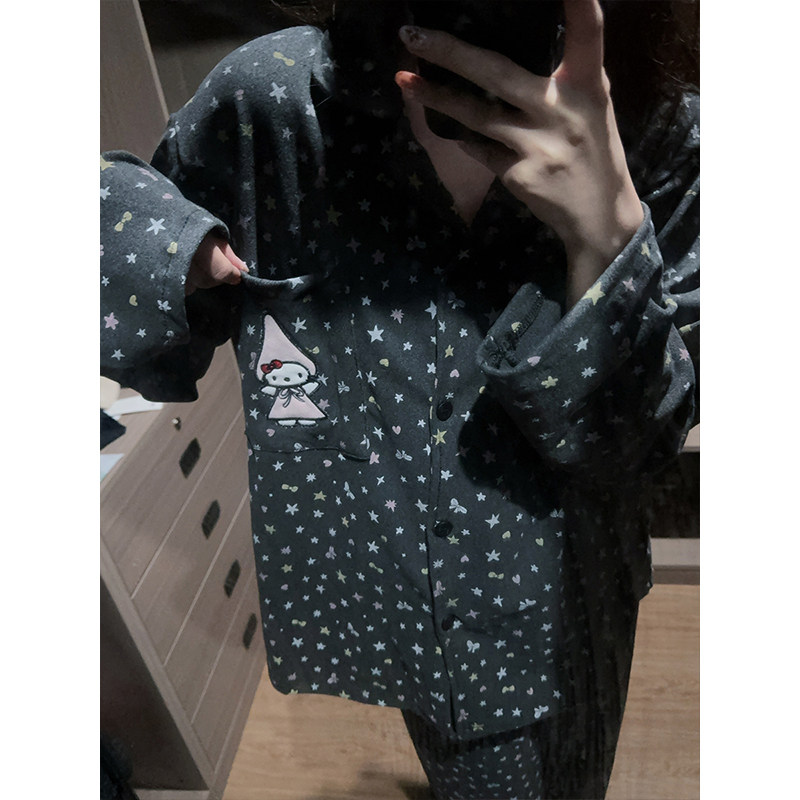 韩国卡通凯蒂猫睡衣女德绒保暖秋冬星星长袖长裤ins风家居服套装