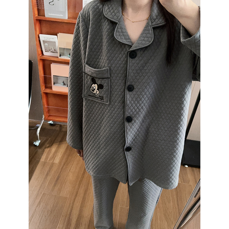 日系卡通米奇睡衣女秋冬季加厚纯棉夹层保暖情侣可外穿家居服套装