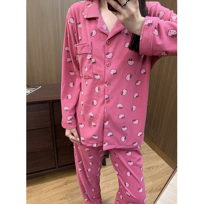 日系卡通凯蒂猫德绒睡衣女秋冬季长袖长裤开衫家居服ins保暖套装