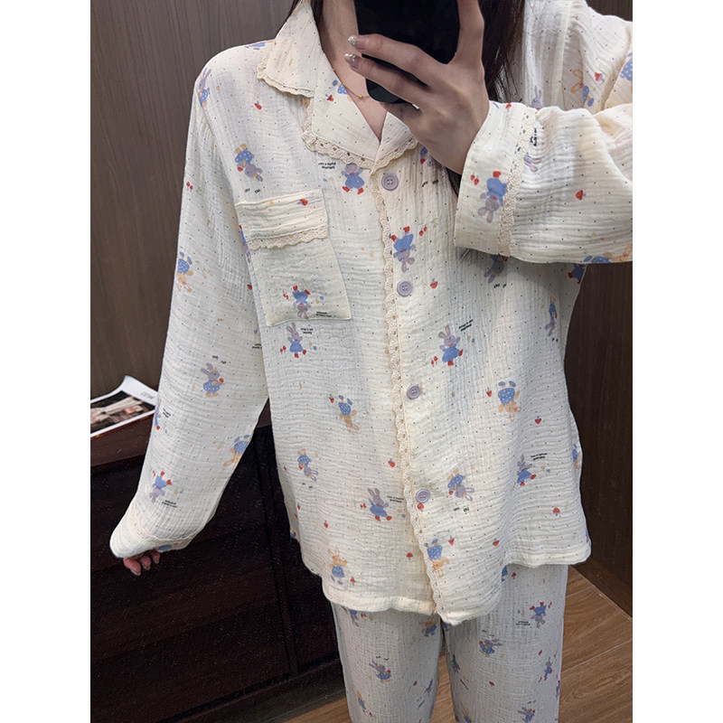韩系花边兔子睡衣女婴儿棉纱