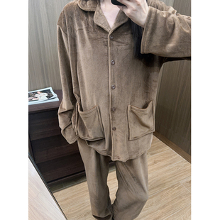 家居服套装 纯色ins保暖秋冬季 长裤 日系睡衣女海岛绒慵懒加厚长袖